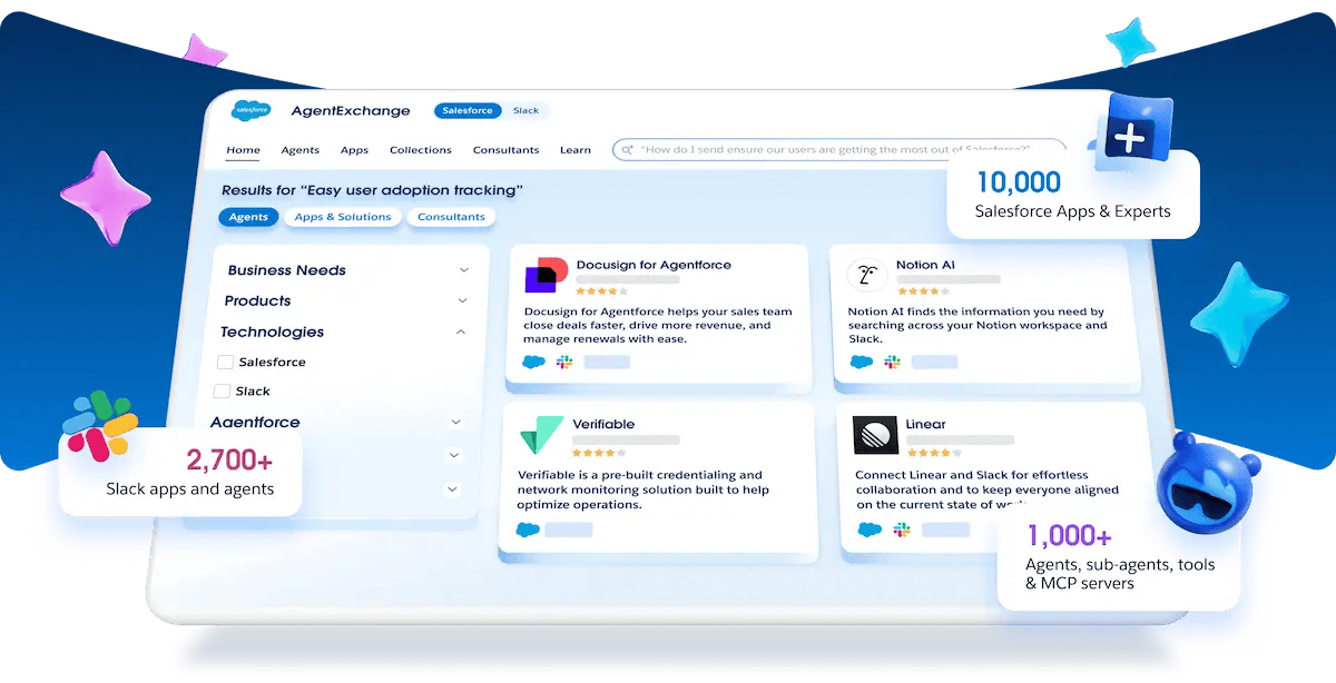 AgentExchange search results for 'Easy user adoption tracking' with agent listing cards.
